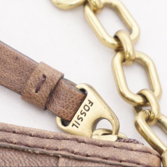 FOSSIL Brown Leather Handbag with Gold Chain Strap - Picture 6 of 9